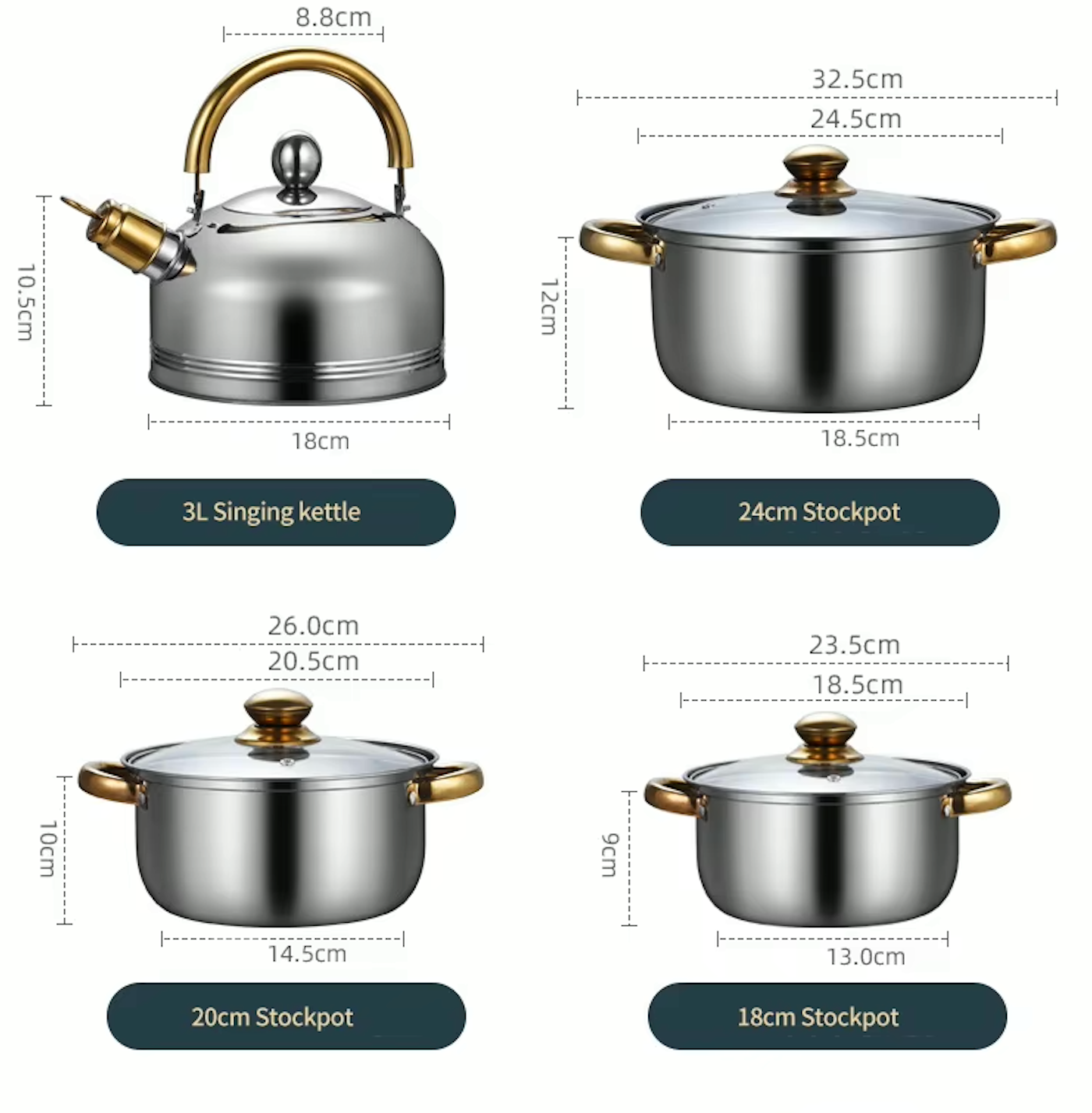 Set de Ollas Elegantes de 12pzs con asas doradas y tetera