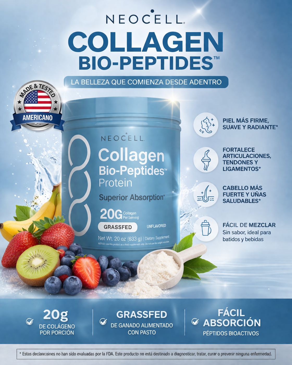 Colágeno Bio-Péptidos NEOCELL -Suplemento de Proteína para el cabello, la piel y las uñas. Absorción Superior