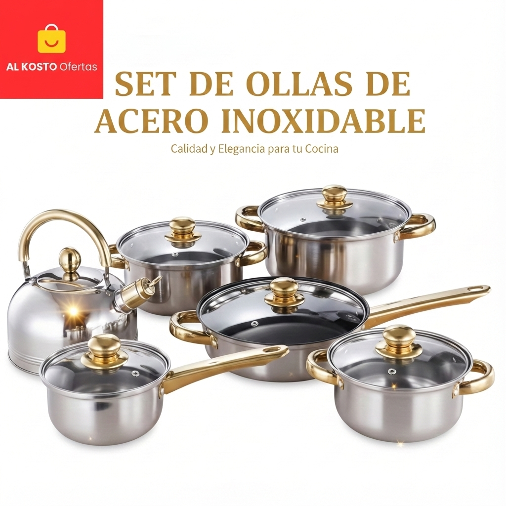 Set de Ollas Elegantes de 12pzs con asas doradas y tetera